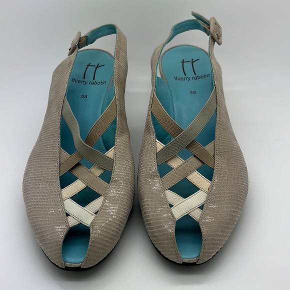 Thierry Rabotin Beige Criss Cross low heel wedge sling back Sandals 38 or 7.5 - Picture 2 of 3